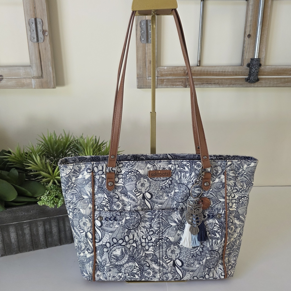 Sakroots Navy Floral Canvas Tote with Tassel Charm - Picture 7 of 16